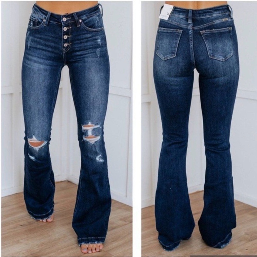 KanCan Mid Rise Button Fly Flare Jeans Dark Wash Distressed
